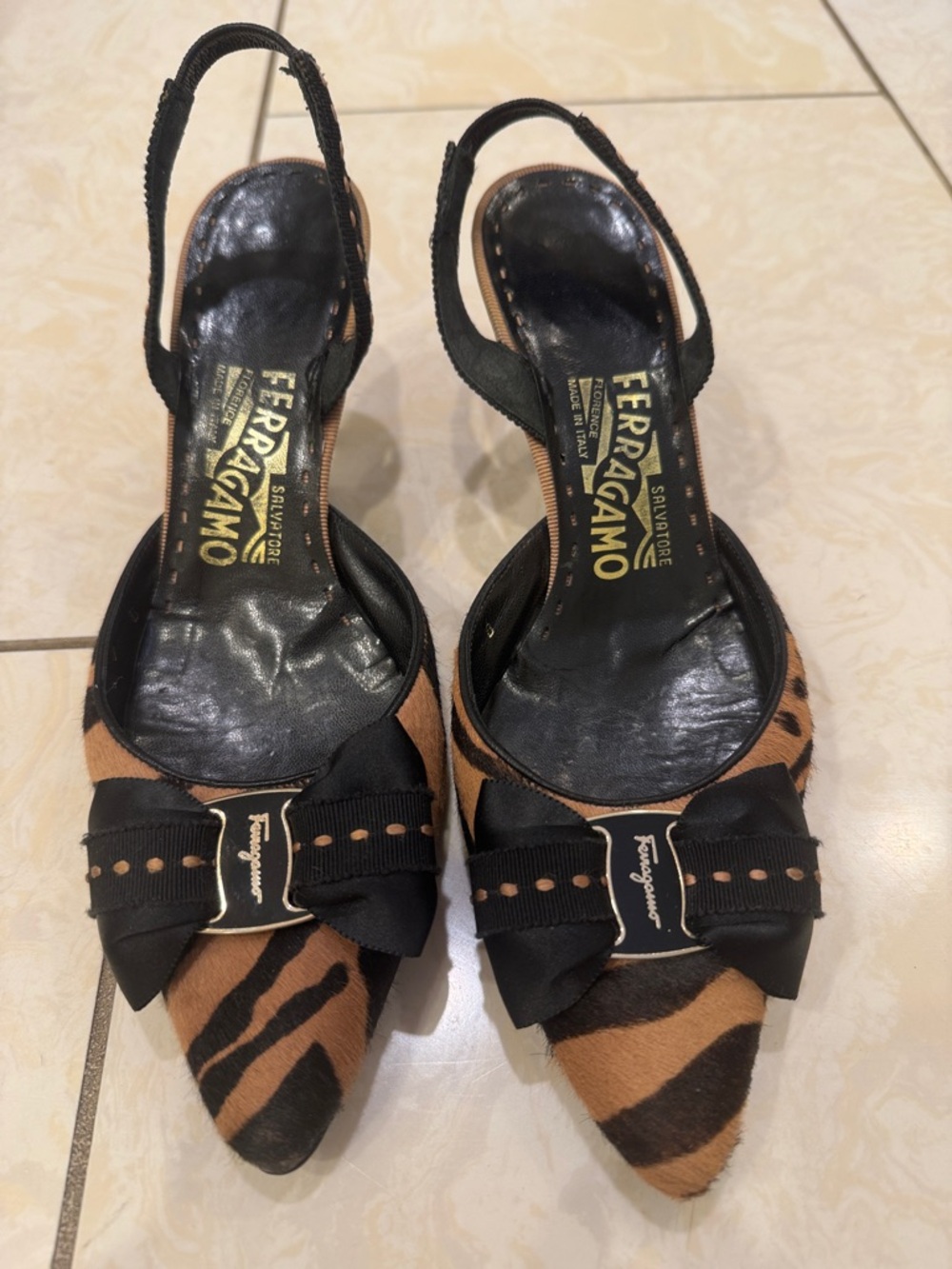 Salvatore Ferragamo Tiger-Print Brown and Black Slingback Pumps